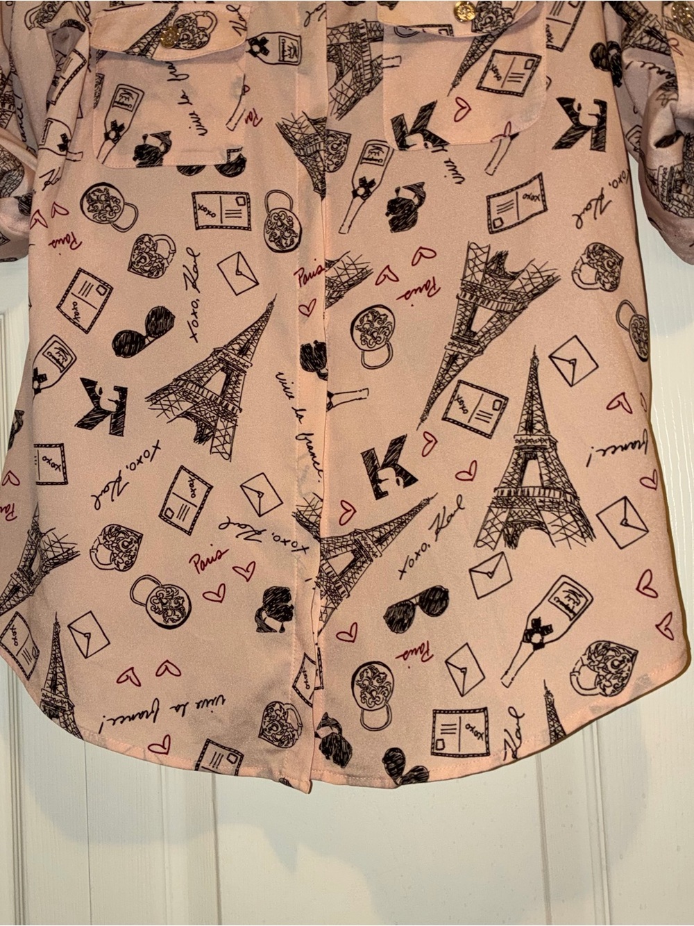 Karl Lagerfeld Pink Paris Theme Print Button-Up Shirt - Picture 3 of 11